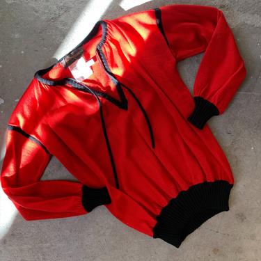 1990’s Vintage Yves Saint Laurent Red and Black Wool Sweater with Tie Neck 