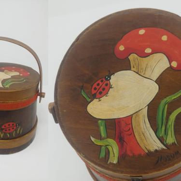 Vintage Seventies Hand Painted Wooden Lidded Barrel Bucket Handled Purse with Mushrooms and Ladybugs 