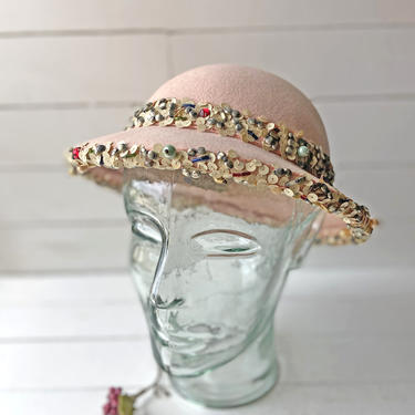 Vintage Fur Felt Merrivale, Ere Nouvelle New York Pink Beaded Brim Hat | 1920&#39;s Vintage Pink Hat, Hat Collector, Pink Beaded Brim Hat, Gift 