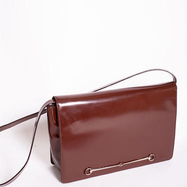GUCCI 1990s Chestnut Brown Patent Leather Horsebit Crossbody Bag Minimal 1955 Shoulder Vintage 
