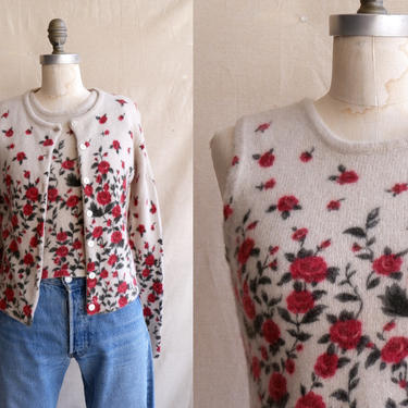 Vintage 90s Angora Rose Print Sweater Set/ 1990s Soft Long Sleeve Cardigan and Tank Top Matching Set/ Twinset/ Size Medium 