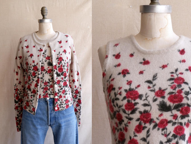 Vintage 90s Angora Rose Print Sweater Set/ 1990s Soft Long Sleeve 