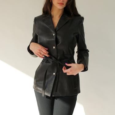 Vintage 90s Y2K Guess Smokey Black Belted Leather Jacket | 100% Genuine Leather | Prada Style, Minimalistic | 1990s 2000s Designer Jacket 