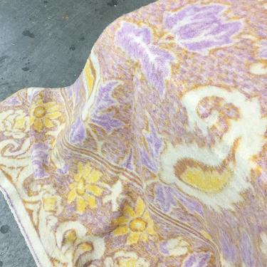 Vintage Blanket 1960s Retro Twin Size 84x66 Crown Royal Holland + Wool + Purple Yellow and Creme + Floral Print + Home Decor and Bedding 