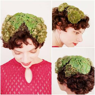 1950s Bes-Ben Hat Green Artichoke Plastic / Midcentury Designer Cocktail Hat Plants Food Vegetables Novelty Hat  / Alcochofra 