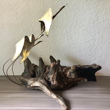 Vintage Kenetic Flock of Brass Birds on driftwood base, mid century bird sculpture, table mobile metal wood, Jere era 