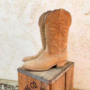 Vintage Suede Leather Light Brown Cowboy Boots Made in USA 