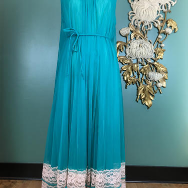 Miss Elaine, 1960s nightgown, sheer teal nylon chiffon, vintage nightgown, size medium, rockabilly style, long sweeping gown, 60s loungewear 