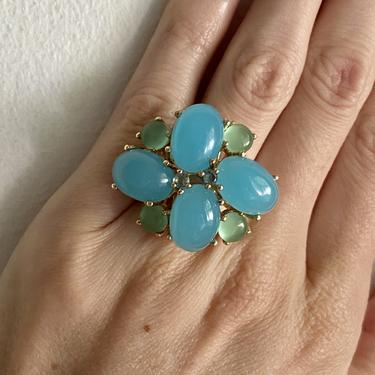 Light Blue & Green Glass Cabochon Cocktail Ring