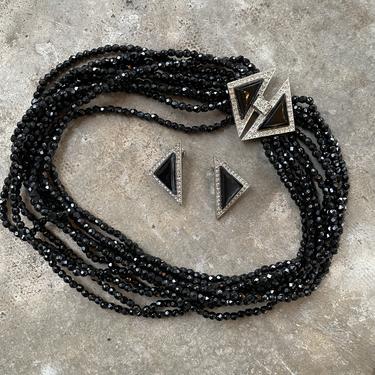 Jet Black Beaded Necklace + Earring Set