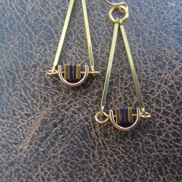 Brass minimalist earrings, industrial earrings, mid century modern earrings, Brutalist earrings, pendulum earrings, simple earrings, purple 