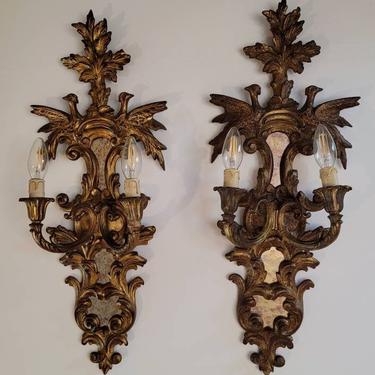 19th French Louis XVI Rocaille Carved Giltwood Antique Mirror Two Light Wall Sconces 
