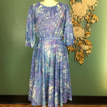1970s dress, watercolor dress, vintage 70s dress, full skirt dress, lavender and blue, medium large, puff sleeves dress, polyester dress, 29 