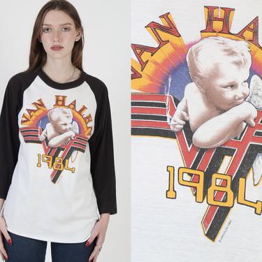 1984 Van Halen Band T Shirt / 80s Van Halen Smoking Baby Tour Tee / White Mens Womens Rock Raglan T Shirt / Heavy Metal Raglan Shirt 