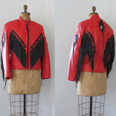 BIKER BABE Unik Vintage 90s Jacket | 1990s Red and Black Leather Fringe Womens Biker Jacket w/ Conchos | Rocker Moto Motorcycle, Size Medium 