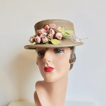 Vintage 1950's Beige Straw Small Brimmed Hat Pink Roses Florals Velvet Ribbon Trim Spring Summer 50's MIllinery Lazarus Model Cincinnati 