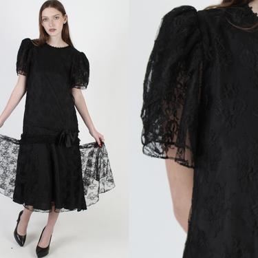 Vintage 70s Deco Lace Wedding Dress / Sheer Floral Lace Drop Waist Dress / Womens Victorian Style All Black Mini Dress 