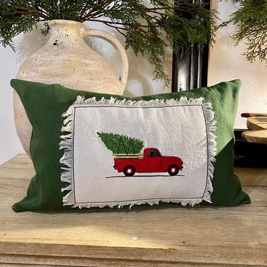 Vintage Red Truck Christmas Tree Pillow Cover 