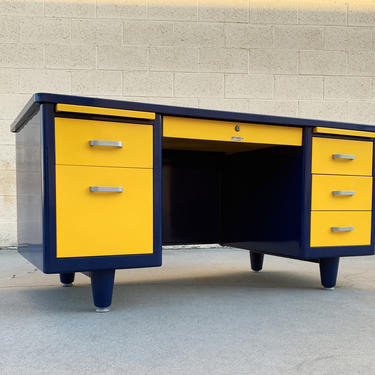 McDowell Craig Mid Century Tanker Desk Refinished in Blue and Yellow