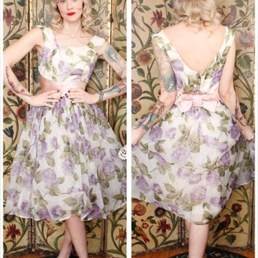1950s Dress // Purple Rose Party Dress // vintage 50s dress 