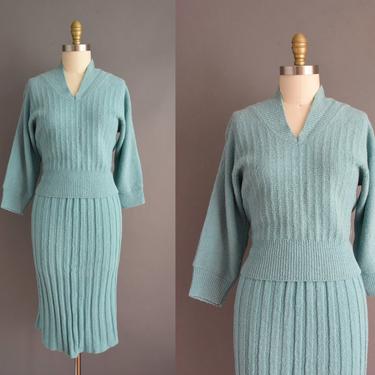 vintage 1940s dress | Robins Egg Blue Knit 2pc Set | Medium | 40s vintage dress 
