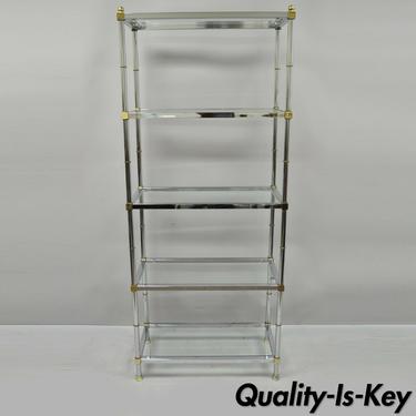 Chrome Brass Hollywood Regency Faux Bamboo Etagere Display Glass Shelf Stand