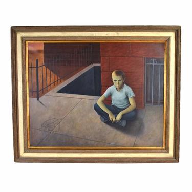 1959 Mid-Century Oil Painting Pensive Young Boy Sitting on Cracked Sidewalk Dickson 