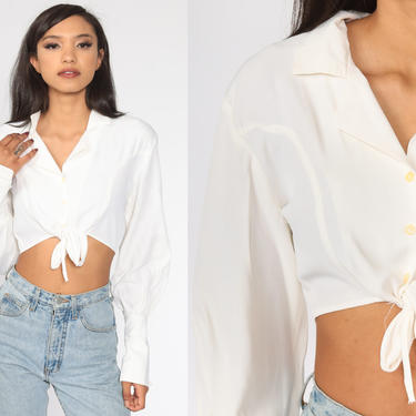 White Cropped Blouse 90s Plain Tie Waist Crop Top 90s Long Sleeve Shirt Collared Button Up Shirt Party Top Vintage Small s 