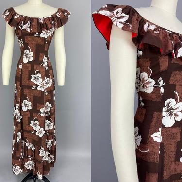1950s 'Malahini' Hawaiian Dress | Vintage 50s Brown &amp; White Cotton Hibiscus Flower Print Ruffle Maxi Dress | small / medium 