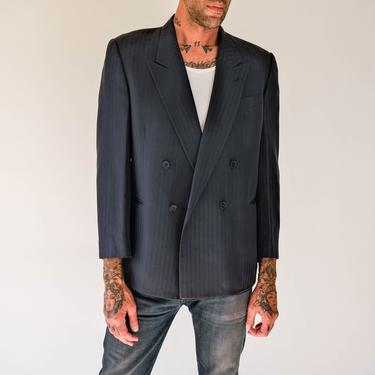 Vintage 80s Gianni Benardi Black Silk Brocade Striped Double Breasted Blazer | Made in Italy | 100% Silk | 1980s Designer Mens Jacket 