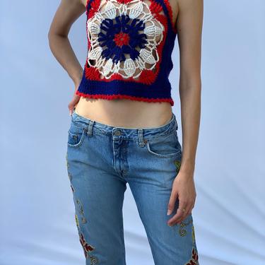 1960's Crochet Crop Top / Granny Square Hippie Top / Crop Top / Groovy 70's Knit Sweater Vest / Red White and Blue 