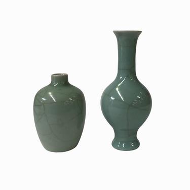 2 x Chinese Clay Ceramic Crackle Wu Celadon Small Vase ws1514E 