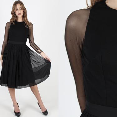 Vintage Black 50s Dress Thin 1950s Chiffon Dress Womens Solid Plain Swing Dress Sheer Full Skirt Knee Length LBD Retro Date Mini Dress 