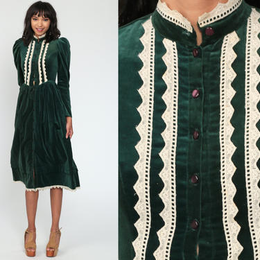 Gunne Sax Dress 70s Velvet Dress Party Midi Boho Green 1970s Bohemian Vintage Long Puff Sleeve Renaissance Victorian Extra Small xxs 2xs 