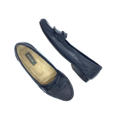 Vintage 1980s Black Bally &quot;Margy&quot; Loafers, Traditional Fringed Leather Slip-On Flats, Size 6 C 