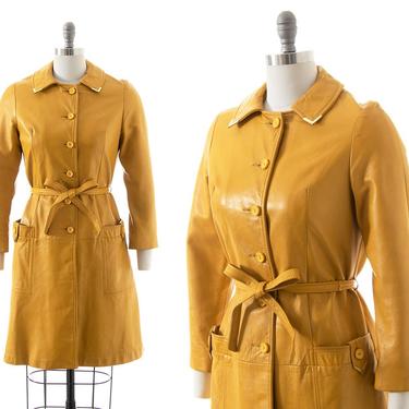 Vintage 1960s 1970s Coat | 60s 70s Yellow Leather Brass Tip Belted Mod Retro Jacket (x-small/small) 