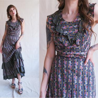Vintage 70s Floral Prairie Dress/ 1970s Mixed Print Ruffle Cotton Maxi Dress/ Betty Barclay/ Size Small 