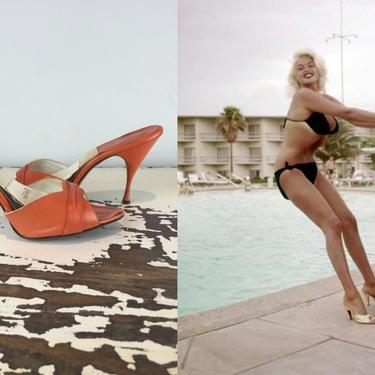 Work Outs By the Pool - Vintage 1950s Fresh Squeezed Orange Leather Springolators Heels Sandals Shoes - 8 N 