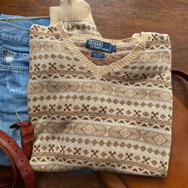 Vintage Ralph Lauren Unisex Crew Neck Sweater Beige and Brown Pullover XL Linen Cotton Silk 