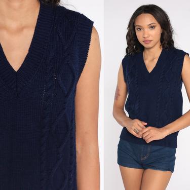Navy Cable Knit Vest Sleeveless Sweater V Neck Top 80s Tank Pullover 1980s Preppy Vintage Knitwear Sweater Vest Cableknit Mens Medium 