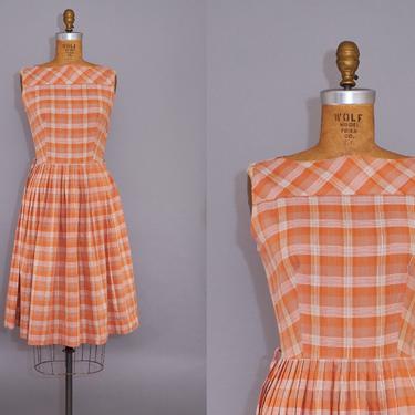 50s Dress Orange Cotton Plaid Pleated Skirt Summer Day Dress 