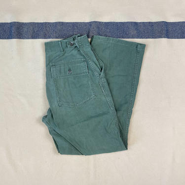 Size 27x30 Vintage 1950s 1960s US Army OG-107 Cotton Sateen Fatigue Trousers with Side Tab Adjusters 