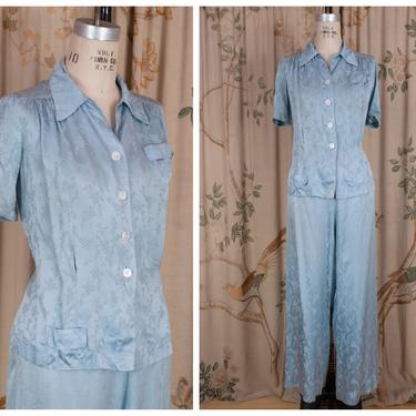 1940s Loungewear - Satin Seraphim Pajamas - Luxurious Vintage 40s Silk and Rayon Satin PJs by Barbizon in Sky Blue 