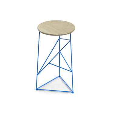 Stool,  Modern Steel Bar Stool in a Blue Finish with Solid Ash Seat 