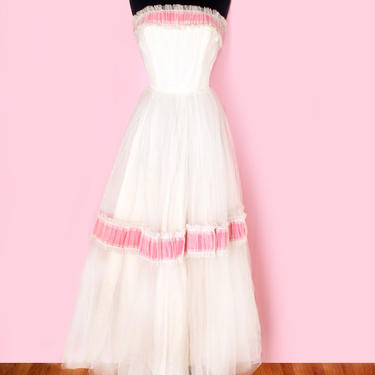 50's White &amp; Pink Prom Wedding Gown, Long Strapless Vintage Dress Tulle Floor Length Party Formal Evening Gown 