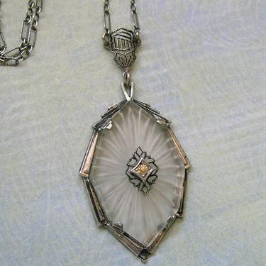 Antique 1920's Art Deco Sterling and Camphor Glass Necklace, Camphor Glass Necklace, Sterling Deco Camphor Glass Pendant Necklace (#3882) 
