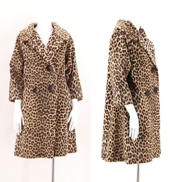50s vintage leopard print faux fur coat Med  / vintage Kilimanjaro cheetah plush fur flared A line coat 1960s 50s size M 