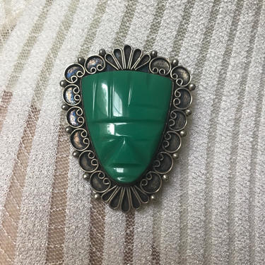 vintage MEXICAN sterling silver jadelite brooch  | tribal stone warrior mask pin 