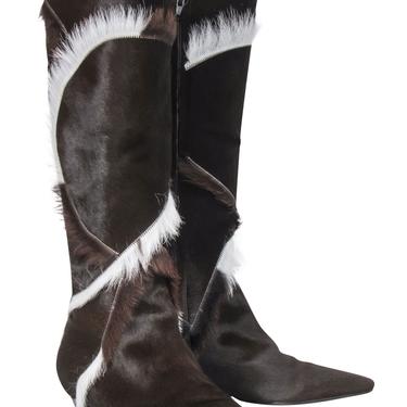 Ferragamo - Brown & White Calf Hair Knee High Heeled Boots Sz 7
