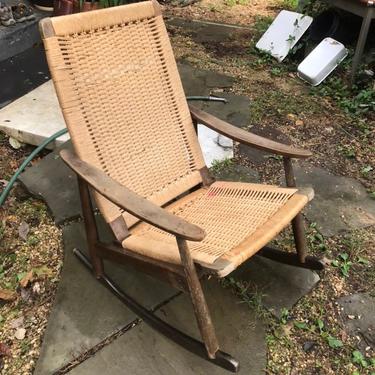 Wegner style Rocking Chair Yugoslavian Stained Beech Rope Rush Cord Rocker Vintage Mid-Century Modern Salvage Poor Condition 